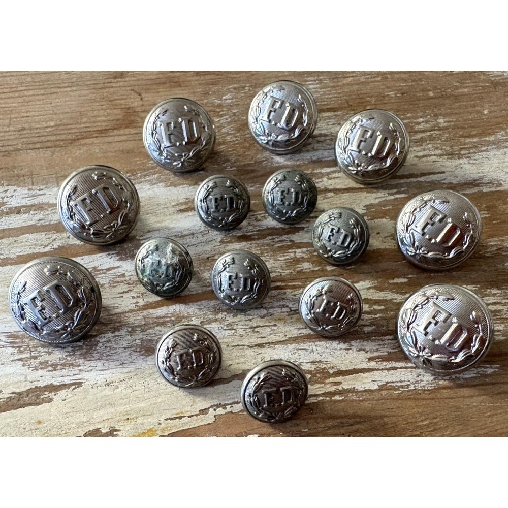 Vintage shank puffy fire department silver F.D.  buttons Waterbury Scovill 7/8"